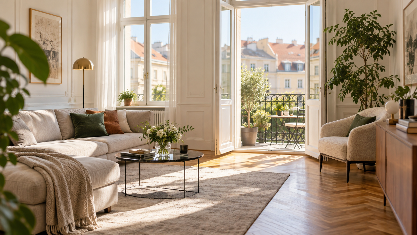 Heller Wiener Wohnraum mit Balkon und Stadtblick